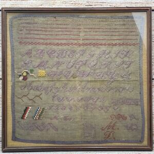 Antique Framed Sampler‎ Early Alphabet Needlepoint Embroidery Folk Art Decor